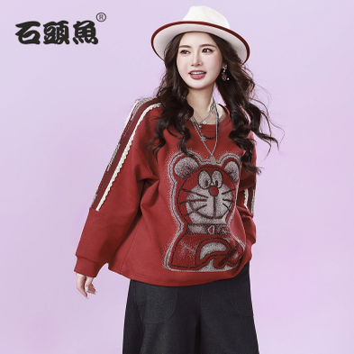 石头鱼大码女装2025秋冬新款胖mm宽松显瘦卡通印花圆领卫衣女上衣