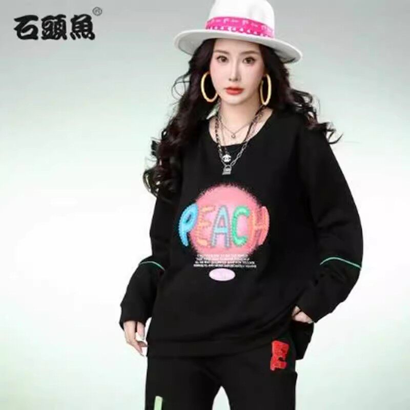 石头鱼2024大码女装秋季新款200斤胖mm宽松休闲圆领长袖卫衣上衣