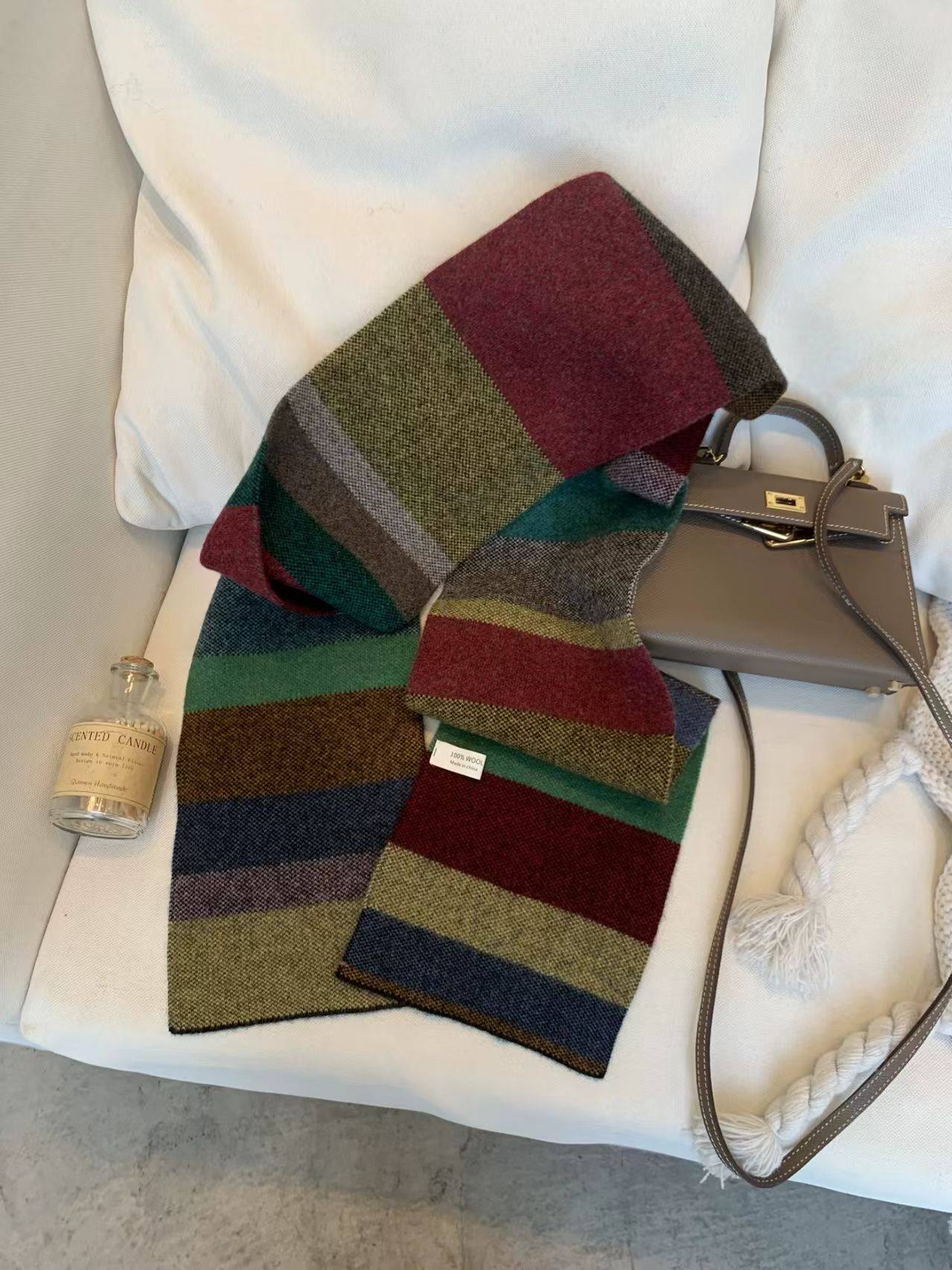 彩虹方糖色100%纯羊毛针织围巾女秋冬季新款保暖护颈条纹围脖轻奢