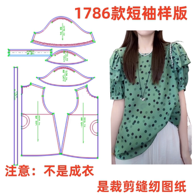 服装纸样裁剪图1786款女宽松波点短袖衬衫上衣样板图11设计图纸
