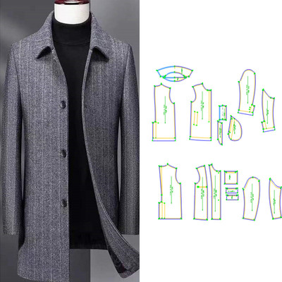 男单面毛呢中长款大衣服装纸样