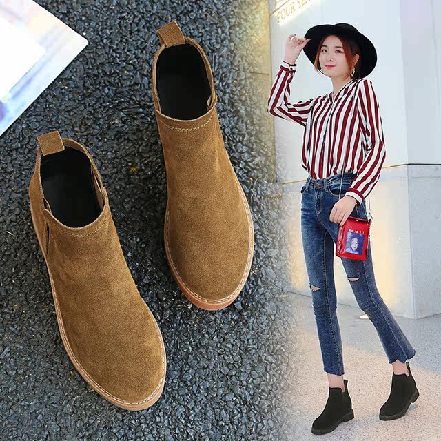 2022年秋冬磨砂圆头真皮短筒靴休闲百搭内增高懒人一脚蹬马丁女靴