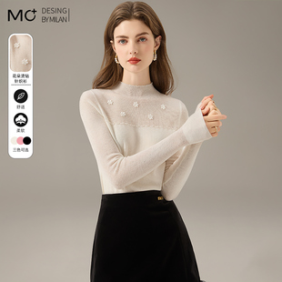 2025秋季新款长袖烫钻钉花镂空半高领修身羊毛打底衫女内搭可外穿