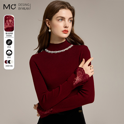 羊毛套头半高领蕾丝花边打底衫