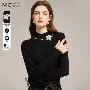 2025秋季新品半高领百搭打底衫上衣立体花朵钉珠点缀修身针织衫