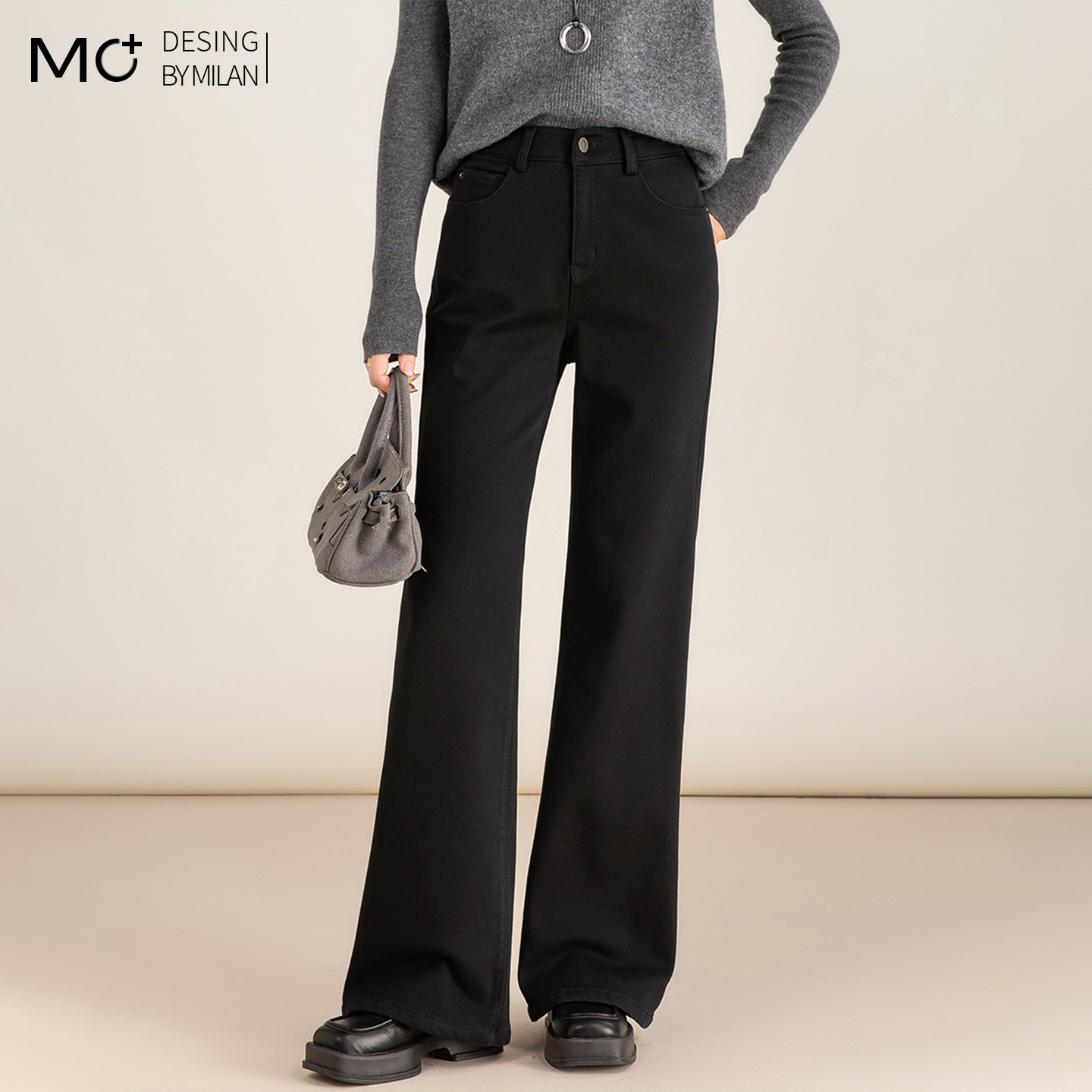 2025秋冬季新款黑色加绒牛仔微喇裤女高腰垂感弹力天丝喇叭裤子