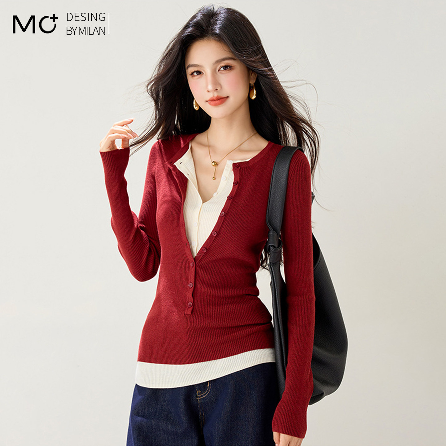 2026春季新款法式V领红色假两件针织上衣女修身显瘦超好看打底衫