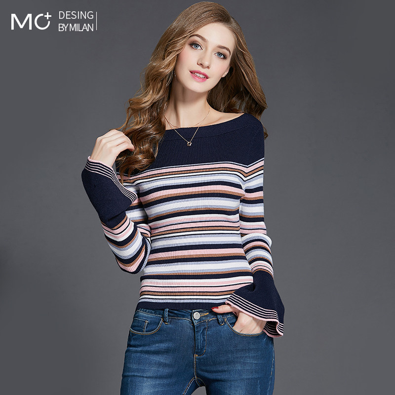 2025秋季新款修身条纹打底衫长袖毛衣喇叭袖一字领针织衫女外穿,女装/女士精品,毛针织衫,淘宝优惠券,粉丝福利购,淘宝优惠卷