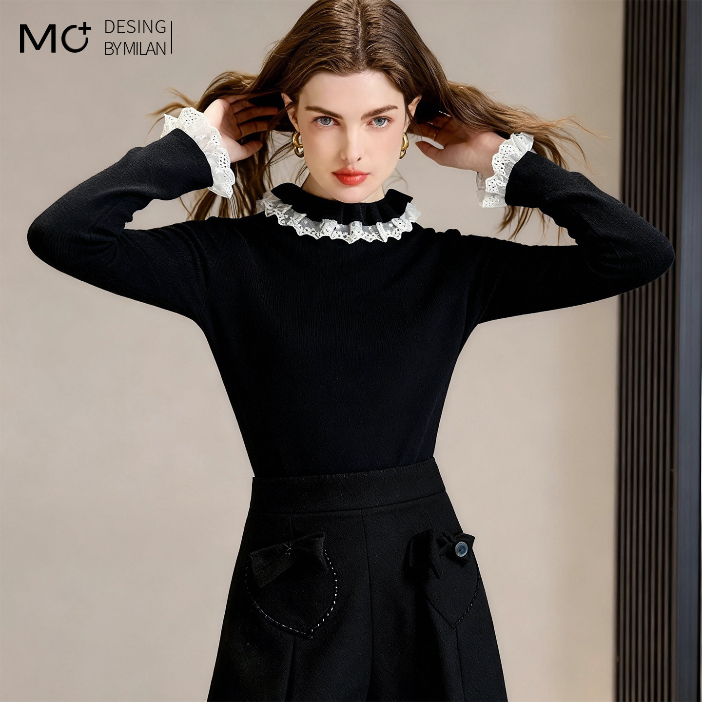 2026春季新款韩版洋气木耳边蕾丝打底衫立领女内搭毛衣长袖针织衫