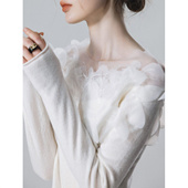 高档温柔天鹅颈羊毛混纺 鸵鸟毛手工刺绣繁花网纱打底针织衫 秋女