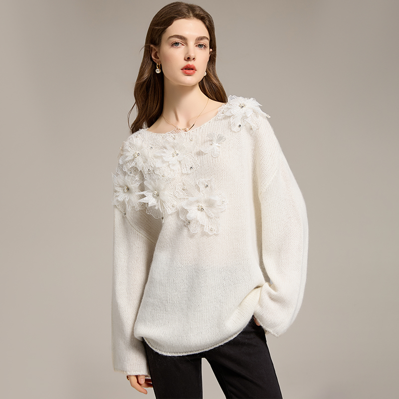 一字领法式宽松羊毛立体花朵毛衣