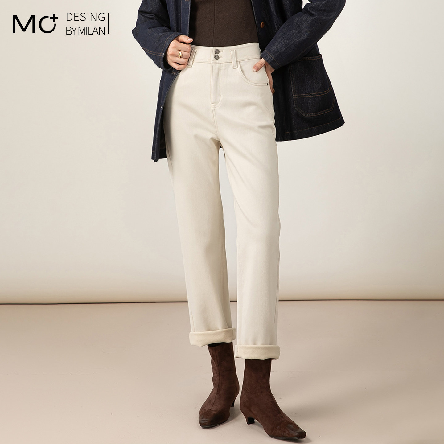 2025冬季新款高腰莱赛尔白色加绒直筒牛仔裤女显瘦百搭九分烟管裤