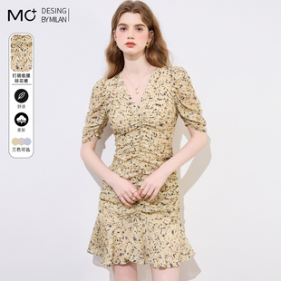 2026夏季新款碎花裙法式气质短袖收腰小个子中长款雪纺连衣裙女