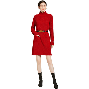 时尚红色羊毛衫高领毛衣女中长款2025秋冬新款收腰亮丝针织连衣裙