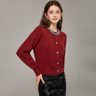 高品质羊毛+羊绒法式毛衣镶钻领羊毛开衫领口重工气质针织衫外套