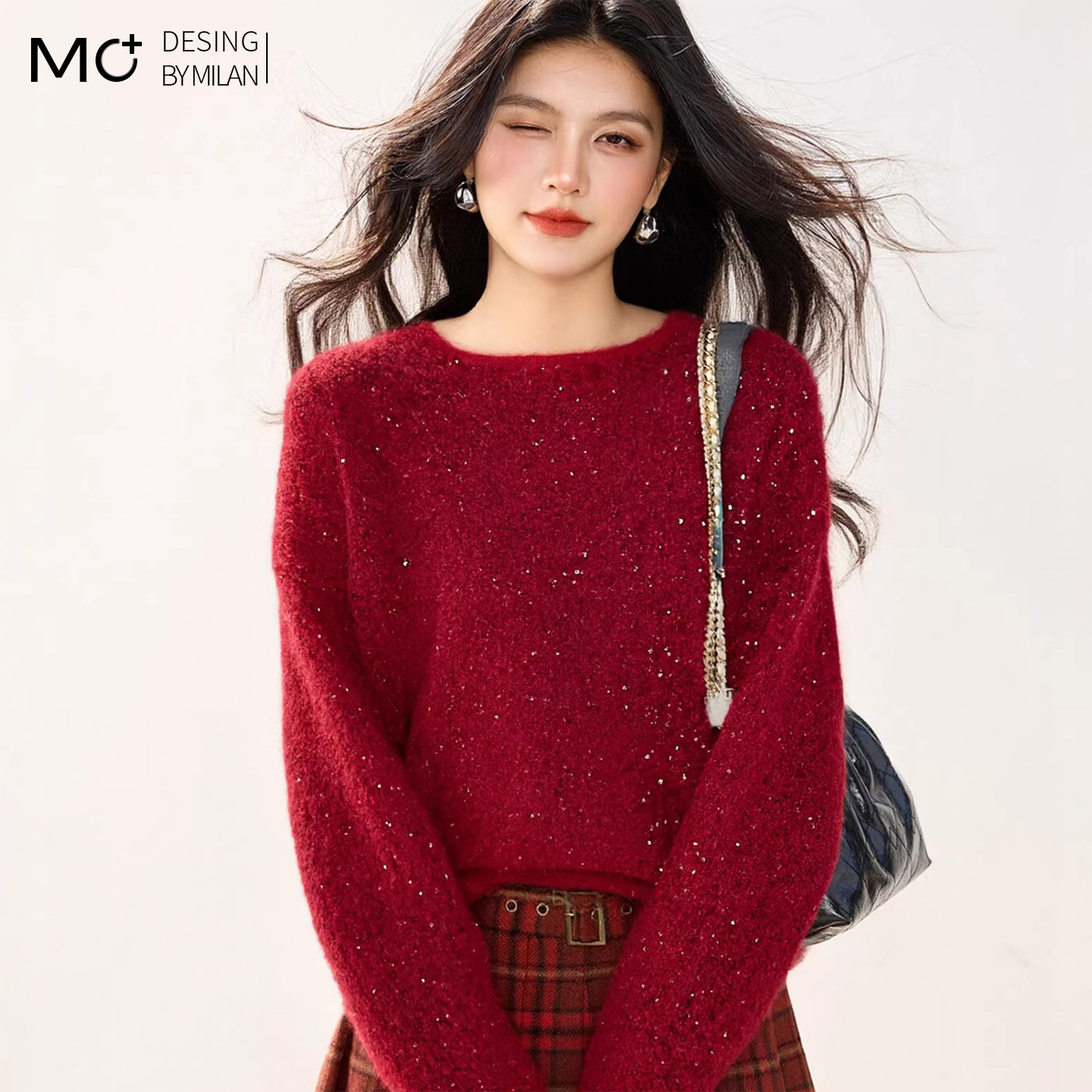 高级感慵懒风软糯内搭套头毛衣女冬季宽松复古过年红色针织衫上衣