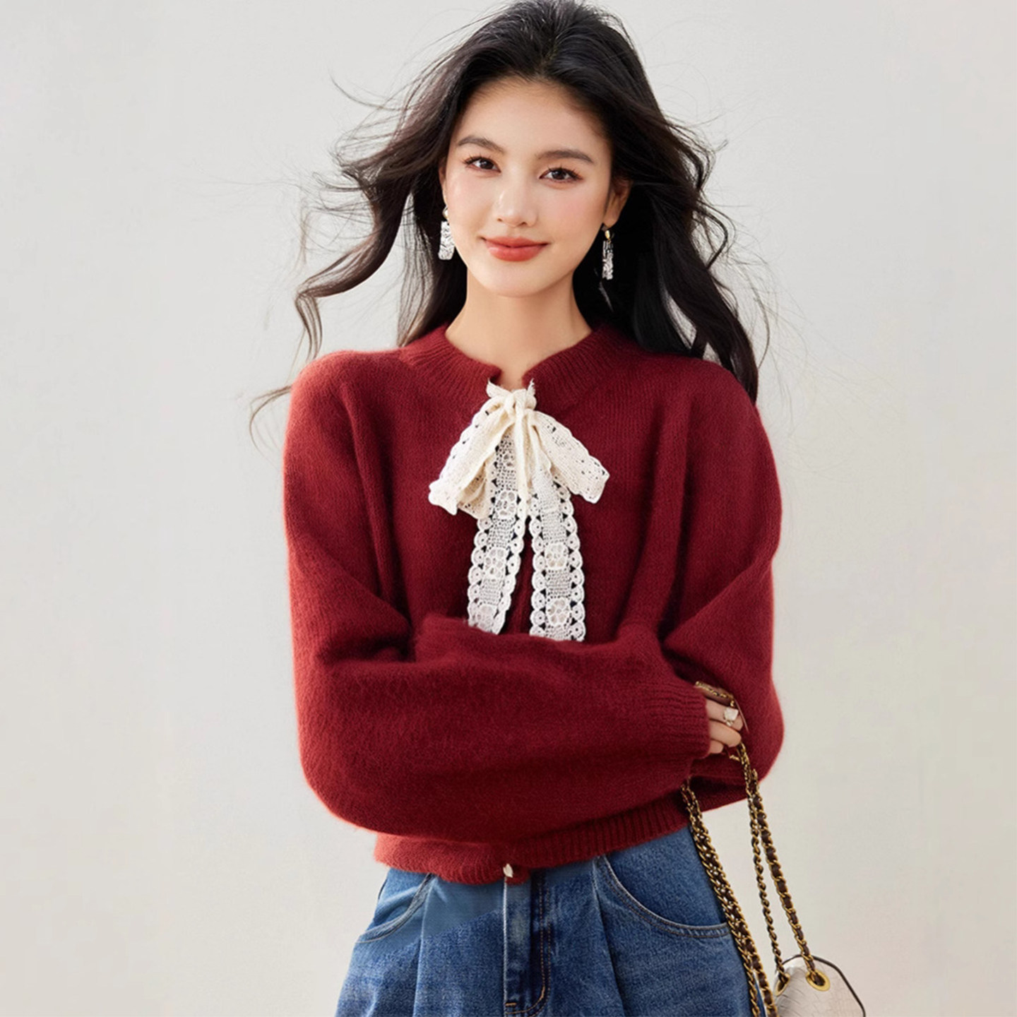 2026春季新款设计感蕾丝系带毛衣开衫女慵懒风加厚软糯针织衫外套