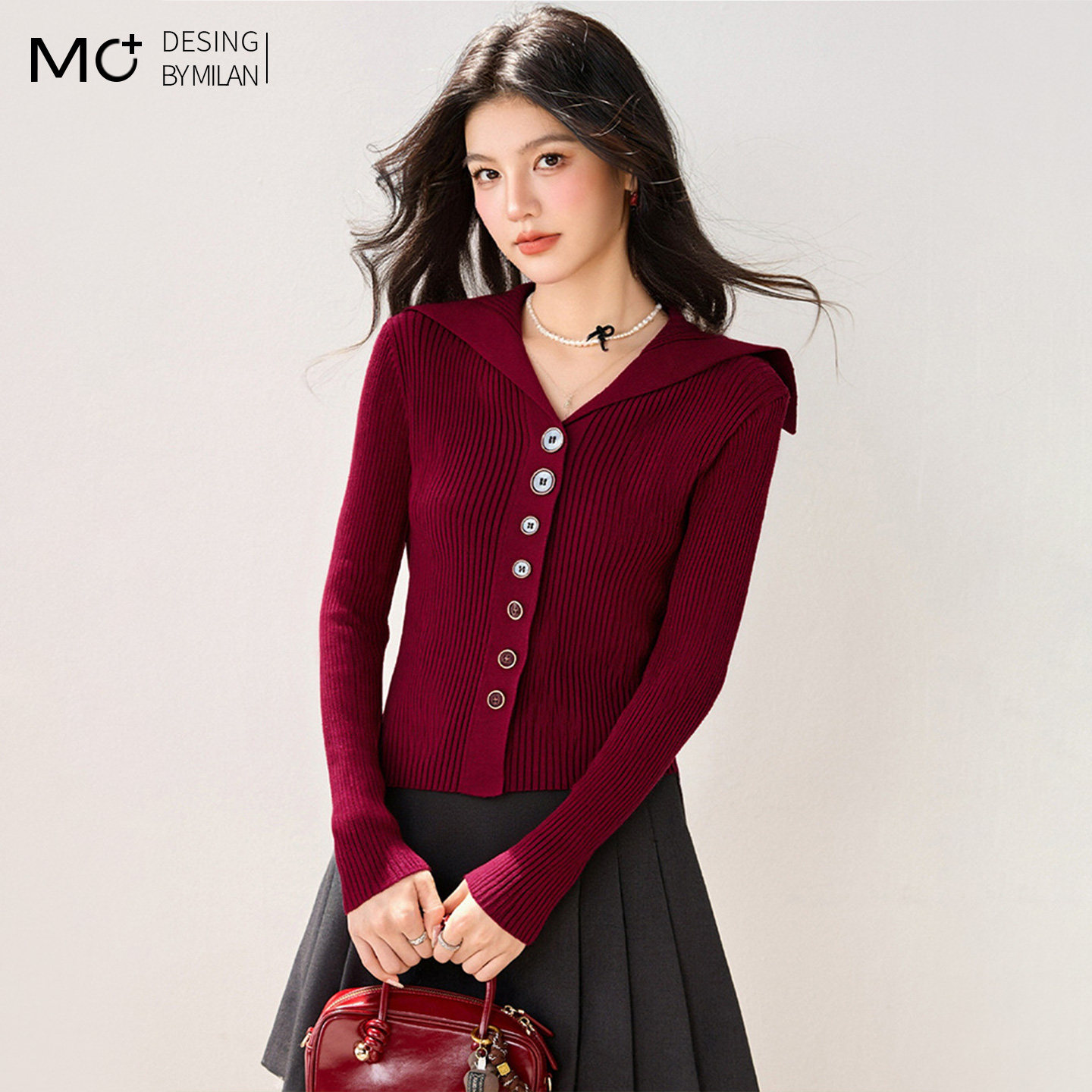 2026早春新款红色过年针织开衫修身长袖打底气质温柔风海军领上衣