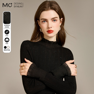 半高领长袖内搭时尚针织打底衫女2025秋季新款洋气蕾丝荷叶边毛衣