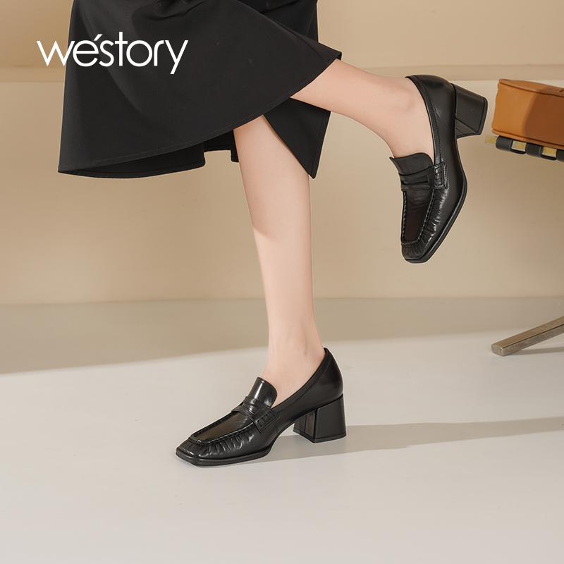 westory春季新款黑色真皮乐福鞋