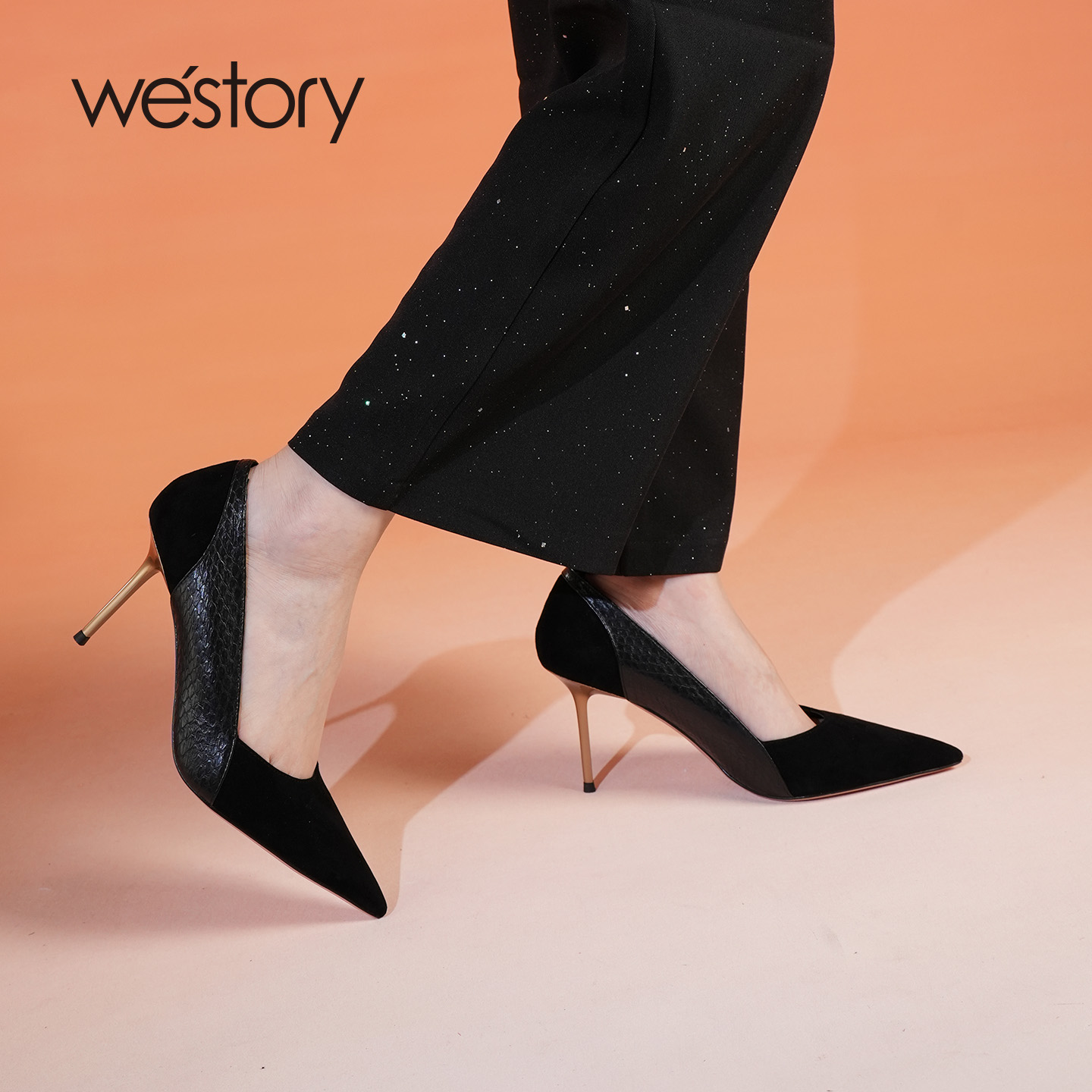 westory2025新款法式尖头单鞋细跟高跟鞋一脚蹬气质高级不累脚