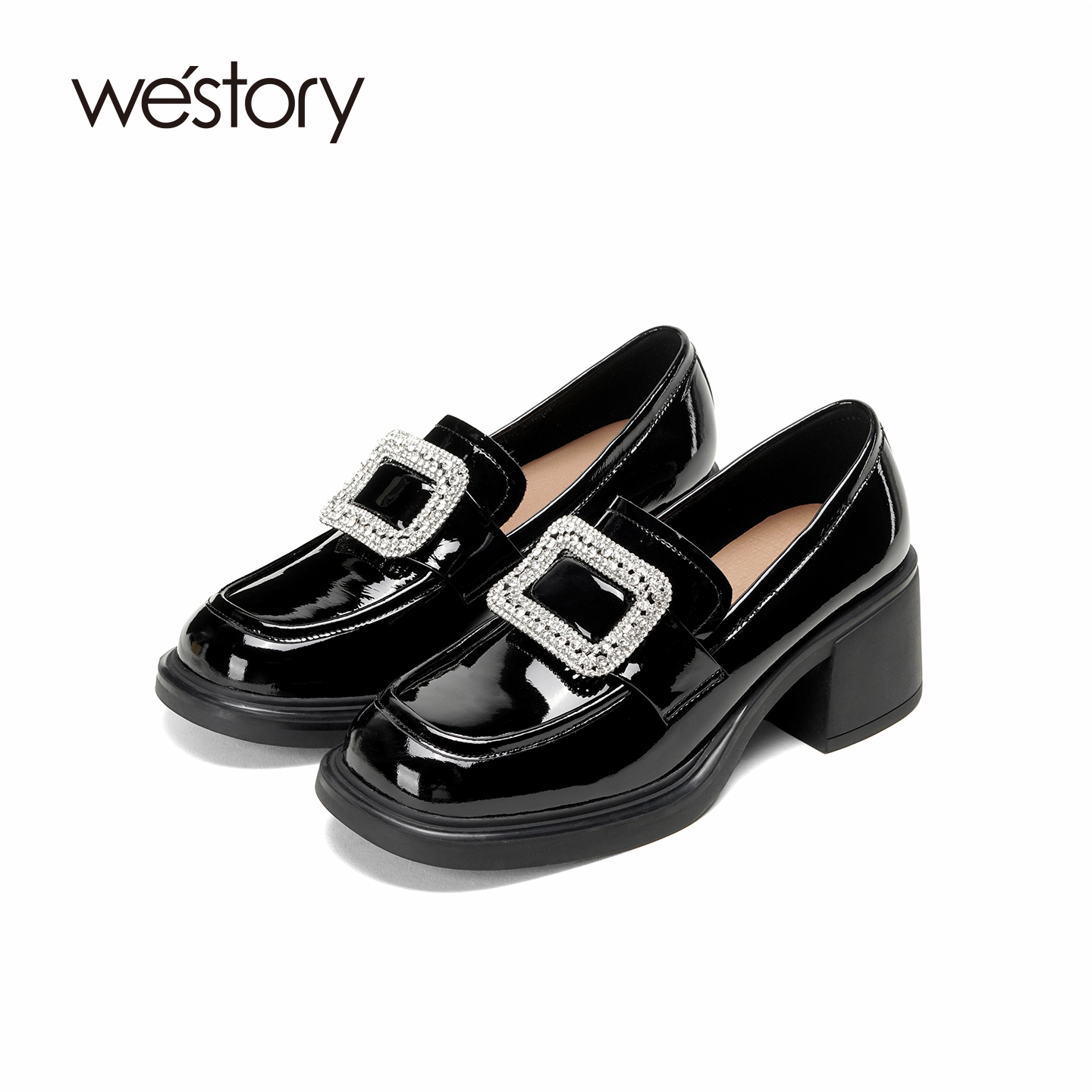 westory2025秋季新款真皮厚底粗跟高跟英伦风小皮鞋乐福鞋单鞋女