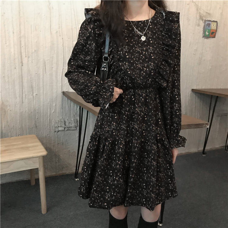 Real price, real shot, bottom skirt with autumn and winter temperament floral French dress, female thickened