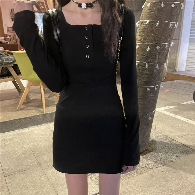 Black button dress with square collar at real price