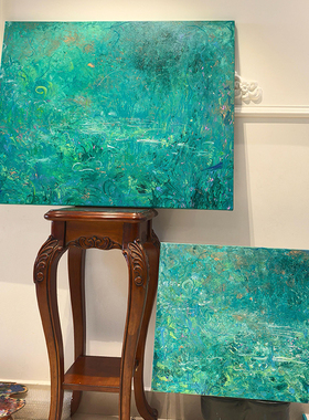 莫奈风景奶油风客厅装饰画小众艺术轻奢肌理感绿色系抽象玄关挂画