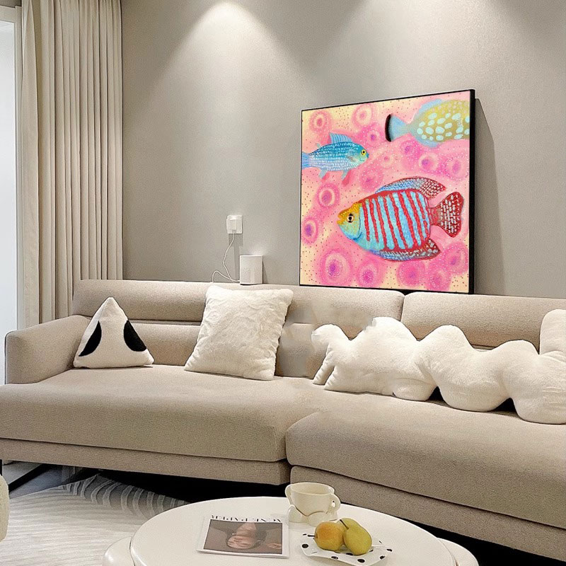现代小众艺术《梦幻粉色》喷绘挂画抽象客厅儿童房可爱鱼儿装饰画图片
