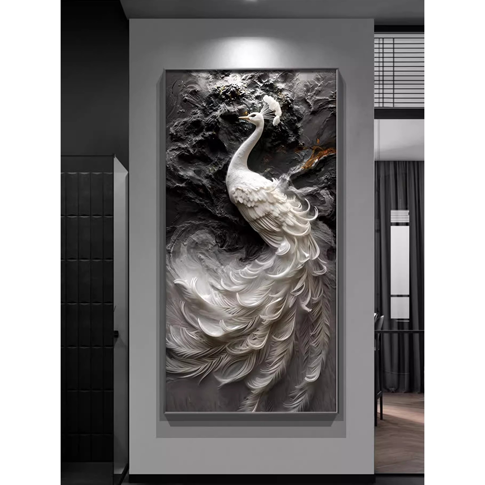 美式轻奢入户进门玄关装饰画吉祥孔雀寓意好酒店餐厅走廊过道壁画