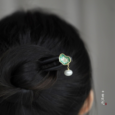 原创【荷塘月色】新中式U型双钗发簪日常黑檀木盘发古风旗袍汉服