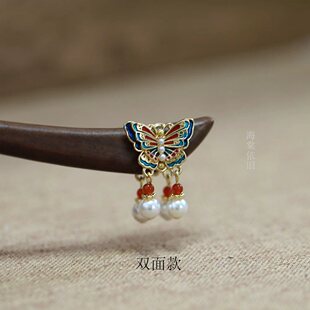 海棠依旧【比翼双飞】日常步摇景泰蓝双面宫廷大叶檀木发簪盘发