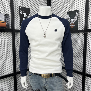 秋冬新款加绒潮流街头战马刺绣长袖T恤男卫衣拼接撞色高级感时尚