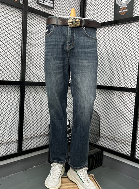 春夏新款复古直筒牛仔裤男贴布绣百搭修身长裤蓝色休闲裤休闲高货