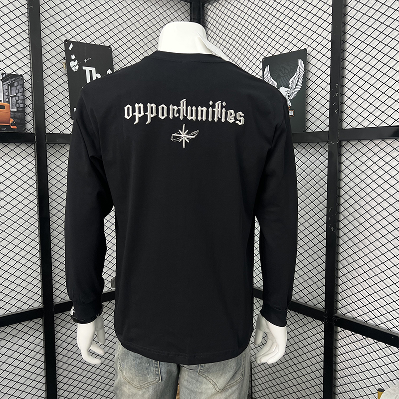 春秋新款简约基础刺绣男长袖T恤打底衫上衣圆领套头时尚纯棉百搭