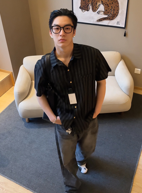 Free Verse 2025美式复古条纹短袖衬衫男宽松休闲百搭上衣