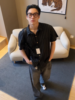 Free Verse 2025美式复古条纹短袖衬衫男宽松休闲百搭上衣