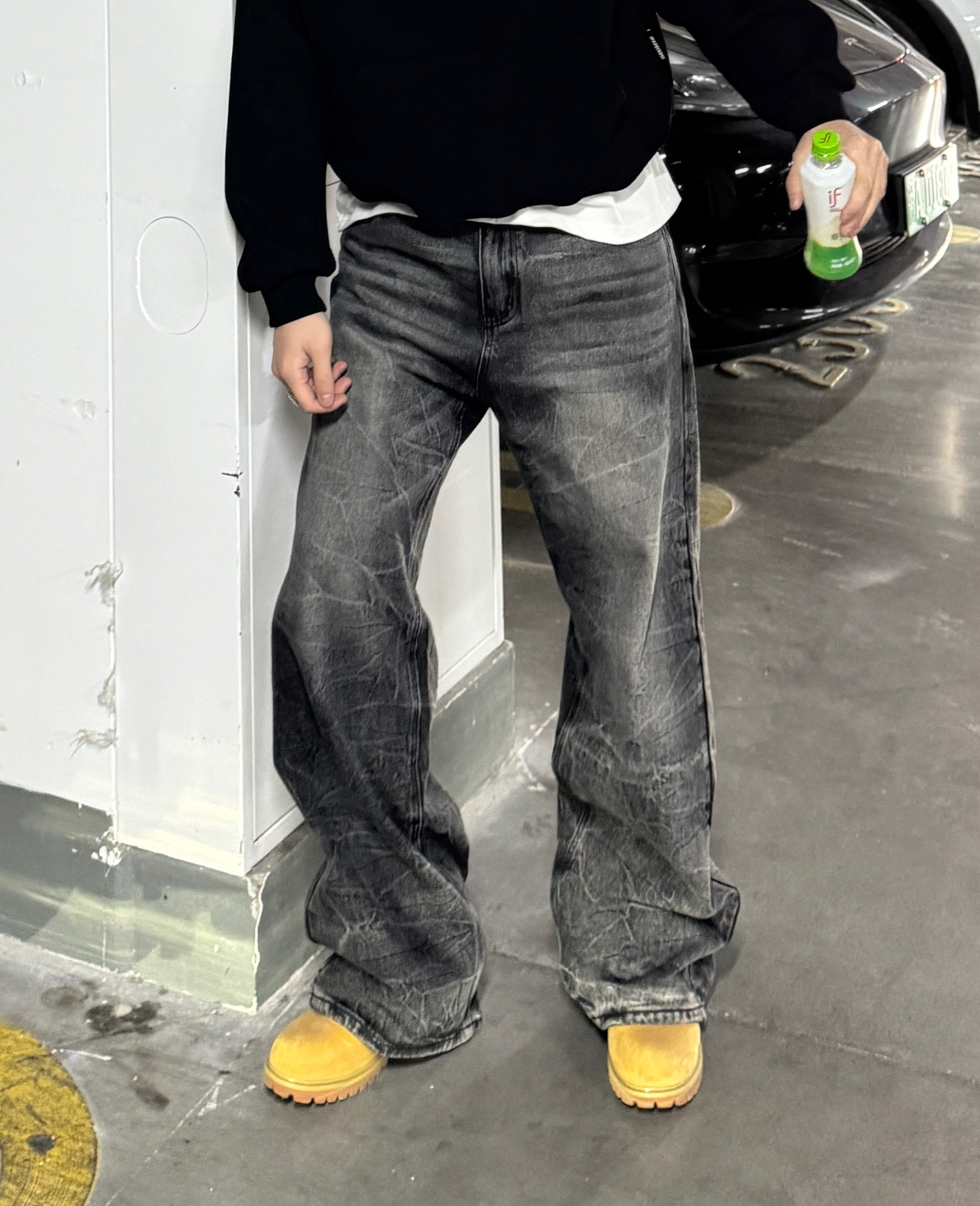 Free Verse2025美式复古水洗波浪纹牛仔裤男宽松做旧高街裤子高街