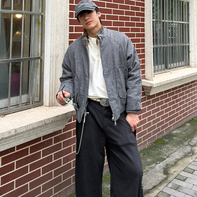 Free Verse冬季拼接毛领棉衣美式复古立领短款设计棉服2025