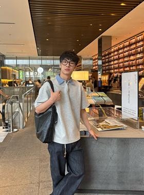 Free Verse2025夏季翻领假两件短袖t恤男高级宽松POLO衫半袖T恤