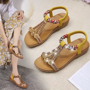 配裙 坡跟平底防滑旅游沙滩鞋 意尔康真皮民族风波西米亚凉鞋 女夏季