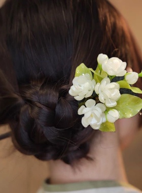 热缩白色茉莉花竹枝发簪可改胸针古风汉服旗袍配饰e 22