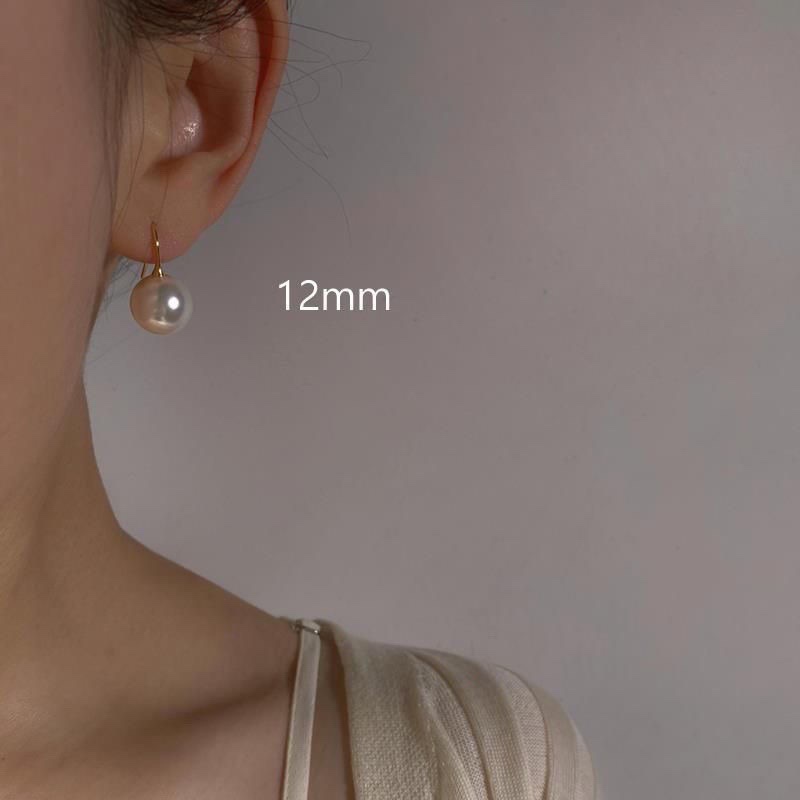 正圆强光奶白色施家珍珠耳钉S925纯银镀金耳针耳钩大颗
