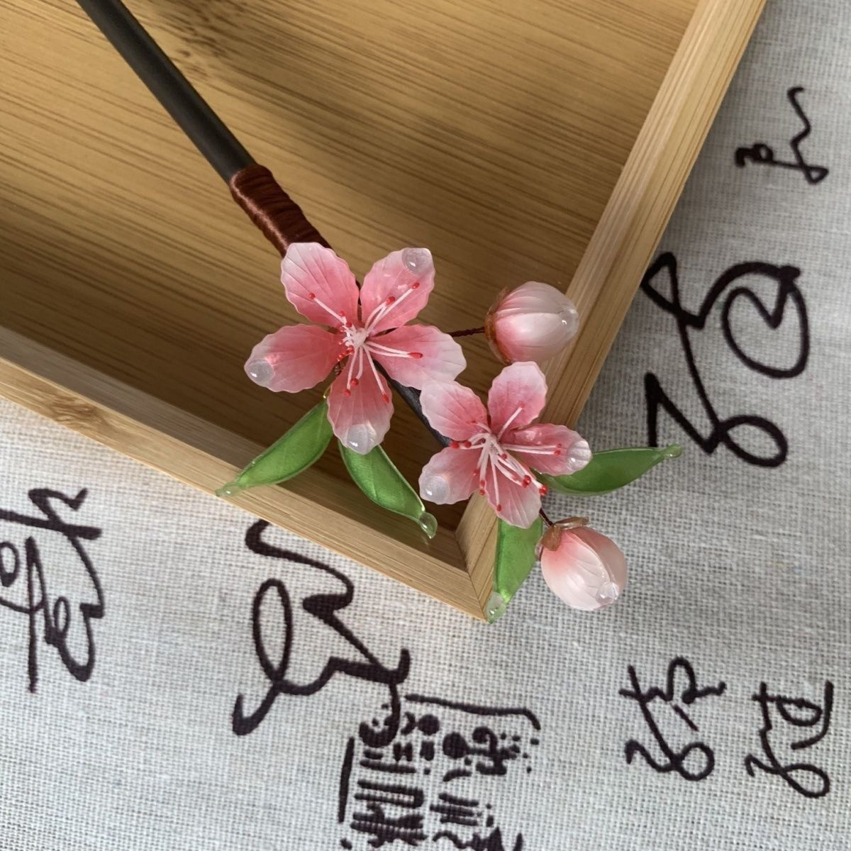 桃之夭夭—游鲤原创手作热缩花发簪汉服配饰古风簪子