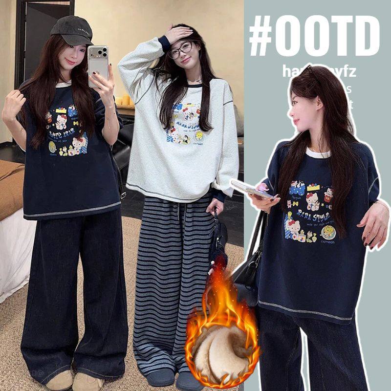 孕妇装韩版卡通印花加绒卫衣孕期休闲宽松慵懒风打底衫冬季上衣女
