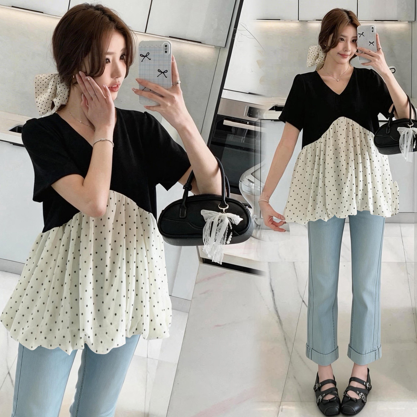 夏季新款孕妇装雪纺波点娃娃衫孕期时尚V领短袖拼接宽松T恤衫上衣