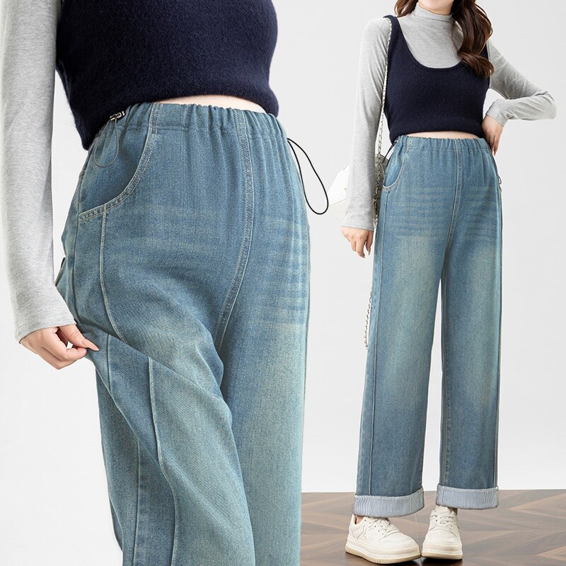 2026春季新款孕妇装高腰牛仔阔腿裤韩版孕期大码小个子九分直筒裤