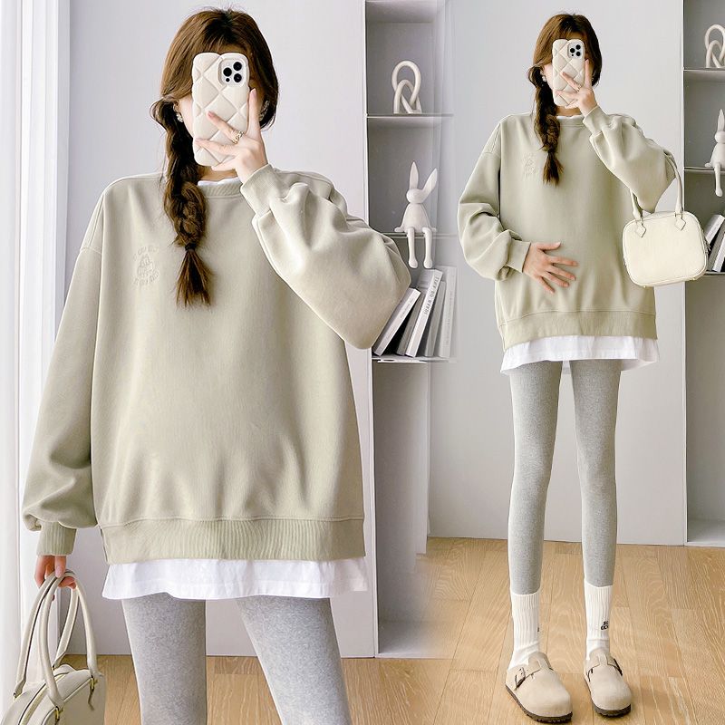 孕妇装假两件加绒卫衣孕期上衣女