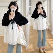 披肩拼接提花假两件娃娃衫 2026春季 女 洋气上衣韩版 时尚 新款 孕妇装
